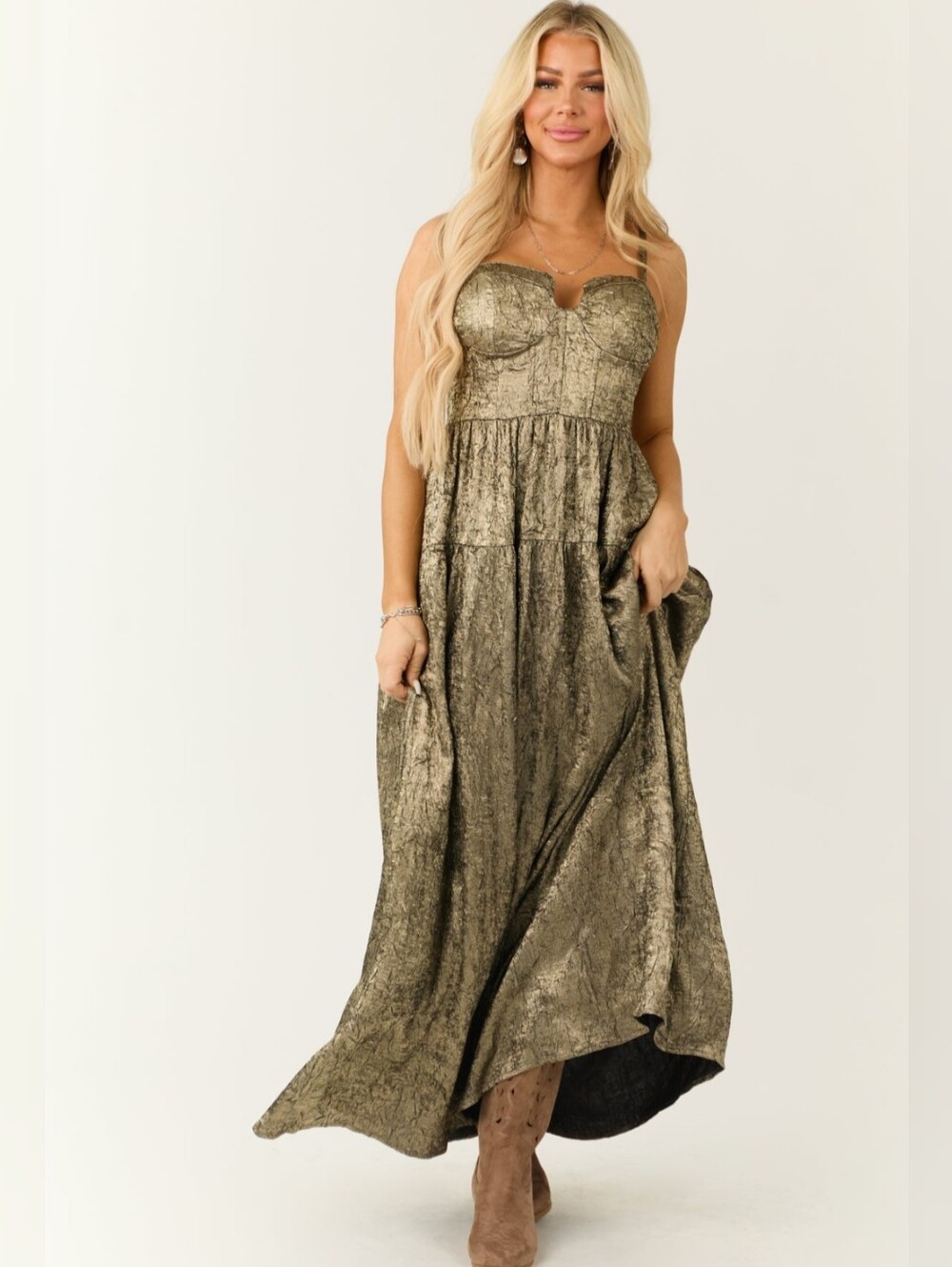 NWT: Promesa Gold Metallic Corset Maxi Dress - Size M
